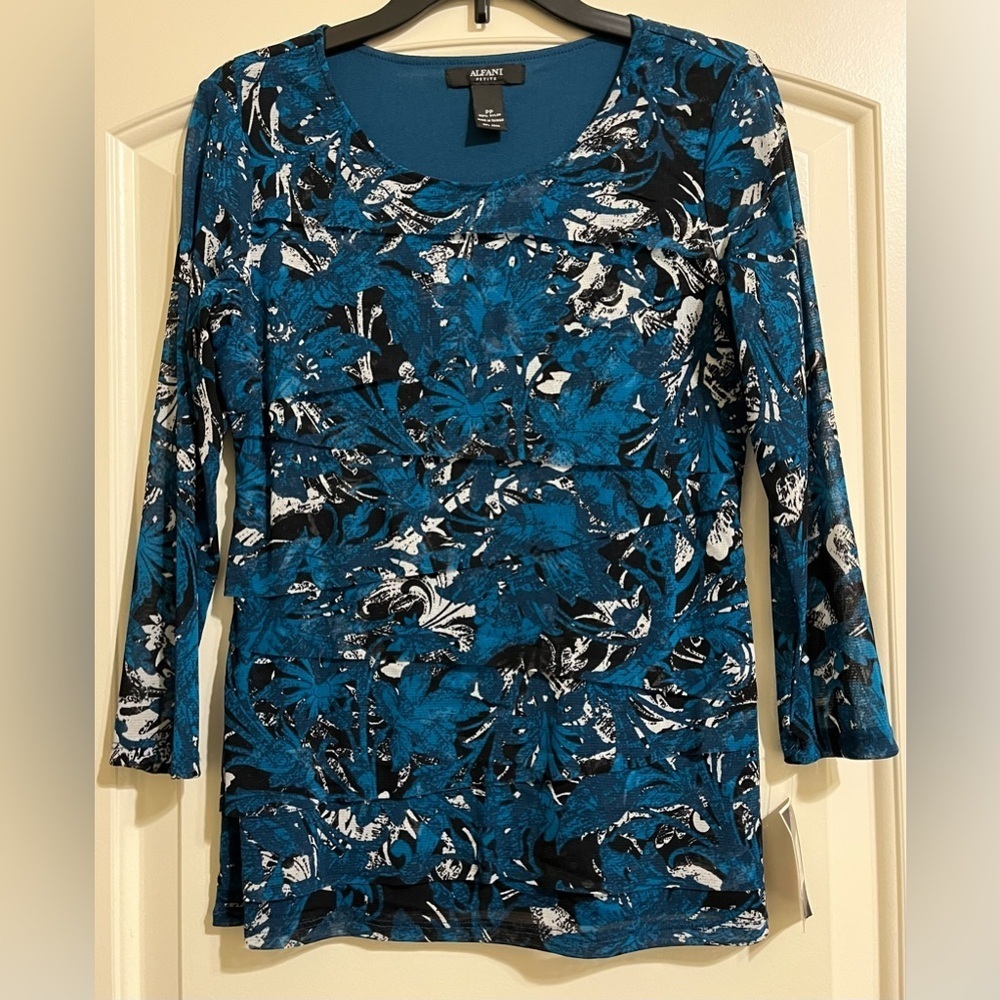 NWT Alfani Tiered Teal Black White Floral Long Sleeve Overlay Blouse Top Sz. PP
